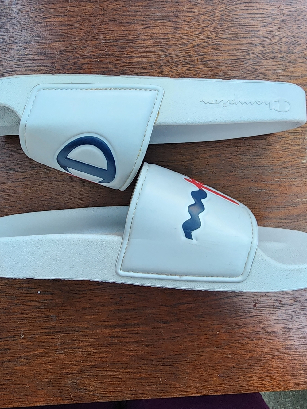 Champion White Slide Sandals Split Script Multi Color Logo Slides Shoes - Picture 5 of 7